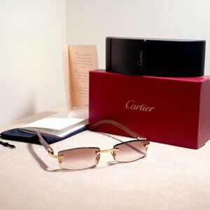 Cartier Sunglasses with Wood and Gold C Decor and Brown Lens